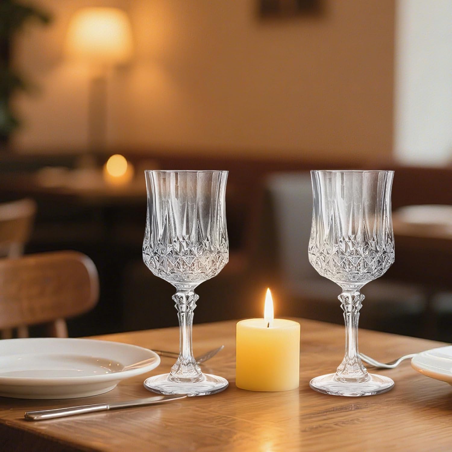 24 Pack 7 oz Plastic Wine Glasses with Stem, Vintage Crystal Clear Water Cordial Goblet Drinking Glasses, Unbreakable Reusable Drinkware for Wedding Reception Grand Event Party Bar Supplies