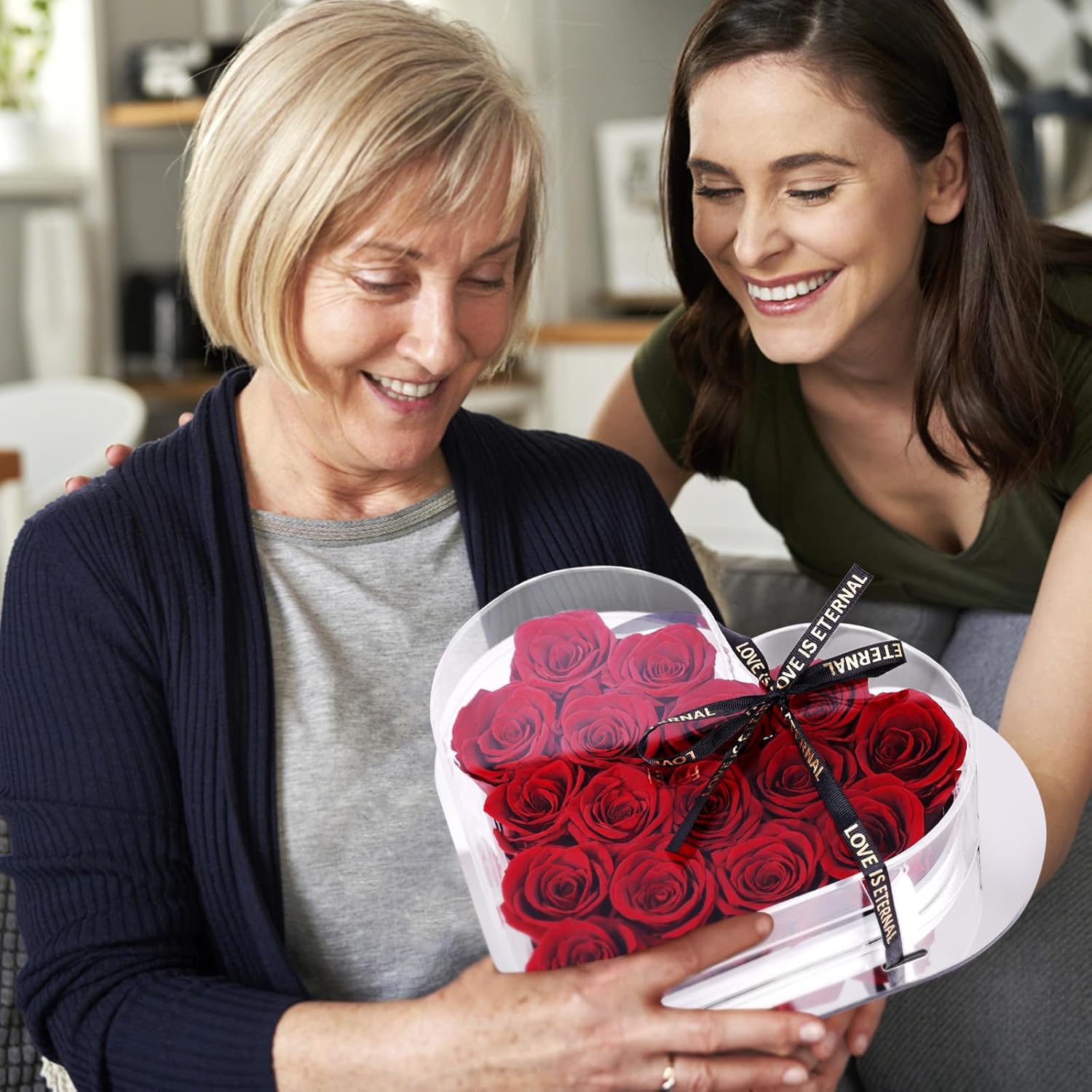 Preserved Flowers in Heart Shape Acrylic Box, 16Pcs Eternal Roses, Fresh Forever Roses, Birthday Gifts for Women, Wife, Her, Mothers Day, Valentines Day, Burgundy