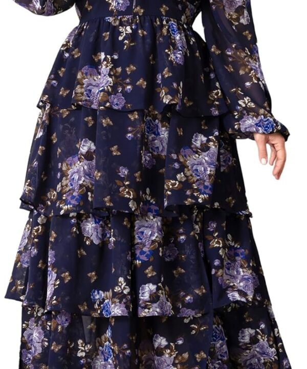 Womens Plus Size Floral Tiered Ruffle Long Sleeve Evening Party Wedding Guest Dress