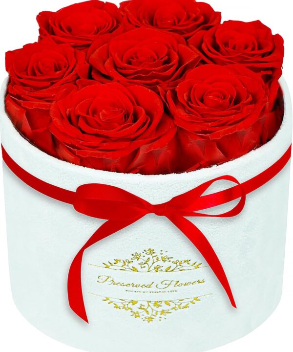 7 Forever Flowers in a Luxury Suede Box, Preserved Roses Birthday Gifts for Women, Romantic Anniversary Wedding Gifts for Women Her Girlfriend Wife, Red