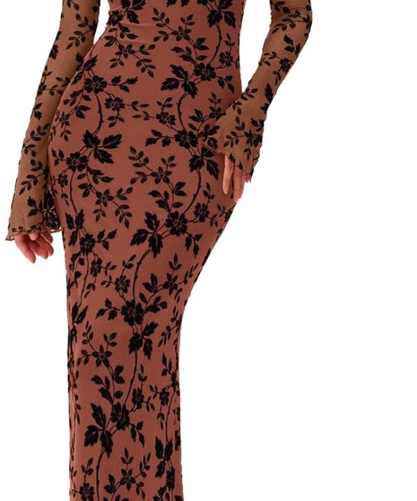 PRETTYGARDEN Women's Floral Bodycon Maxi Dress 2025 Fall Elegant Mesh Long Sleeve Formal Wedding Guest Cocktail Dresses
