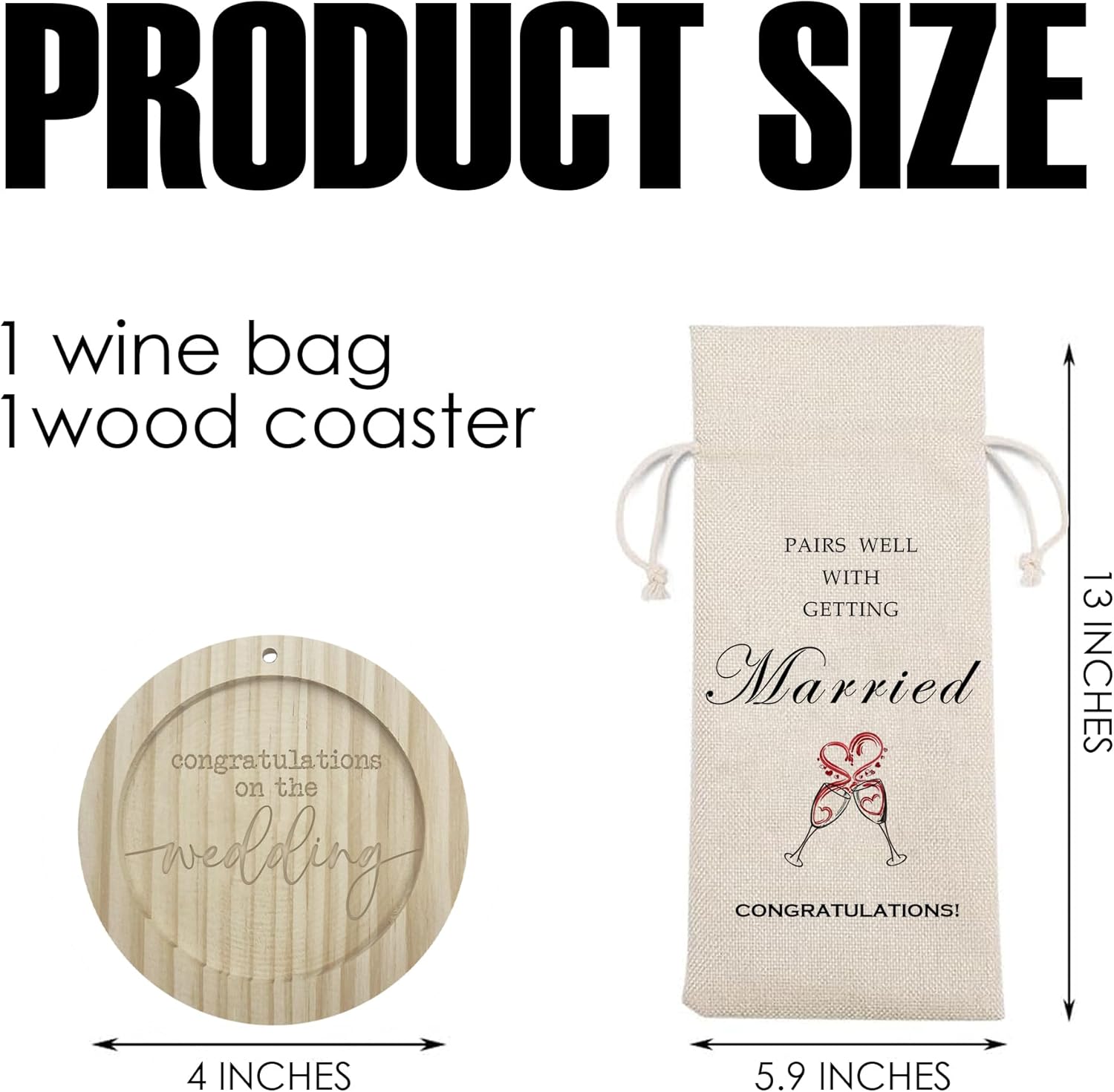 Burlap Wine Bags With Drawstrings & Wood Coaster-Pairs Well With Getting Married-Congratulations Bottle Bags For Bride & Groom-Reusable Wine Gift Bags For Bridal Shower Wedding Party Favors-A10