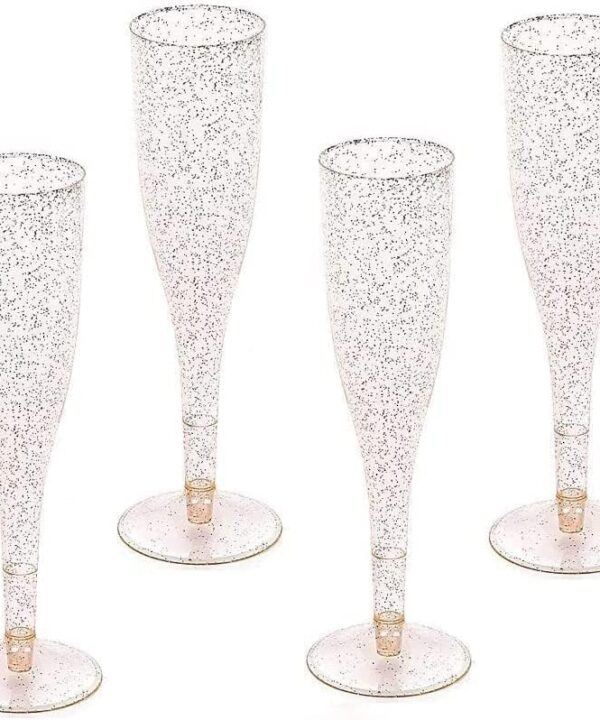 Oojami 100 Plastic Classic Champagne Disposable Flutes for Parties Plastic cups Wedding Party Toasting Cocktail Cups Bulk Party Pack (Gold Glitter)