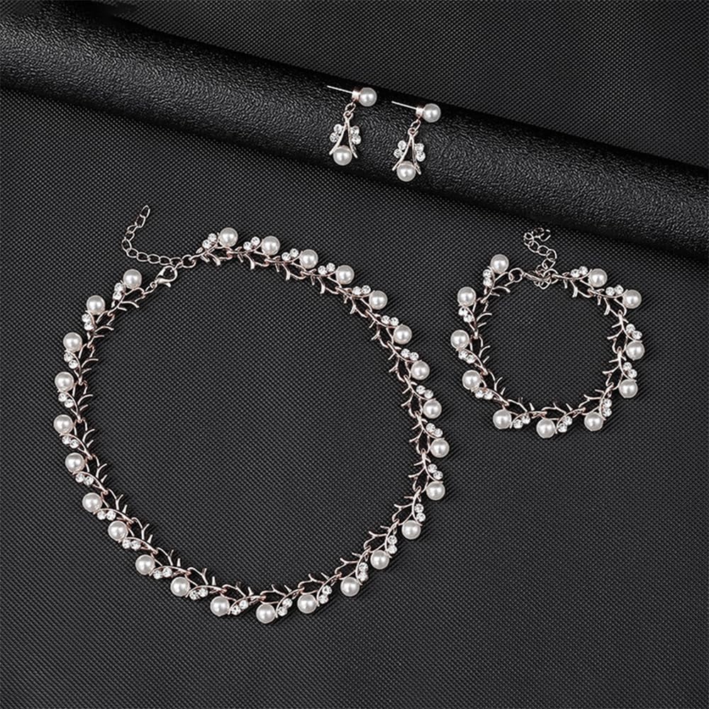 Rrdaily Rhinestone Pearl Wedding Jewelry Set for Bride Bridesmaid Bohemia Adjustable Beaded Crystal Bracelet Necklace Exaggerated Pearl Earring Set for Women