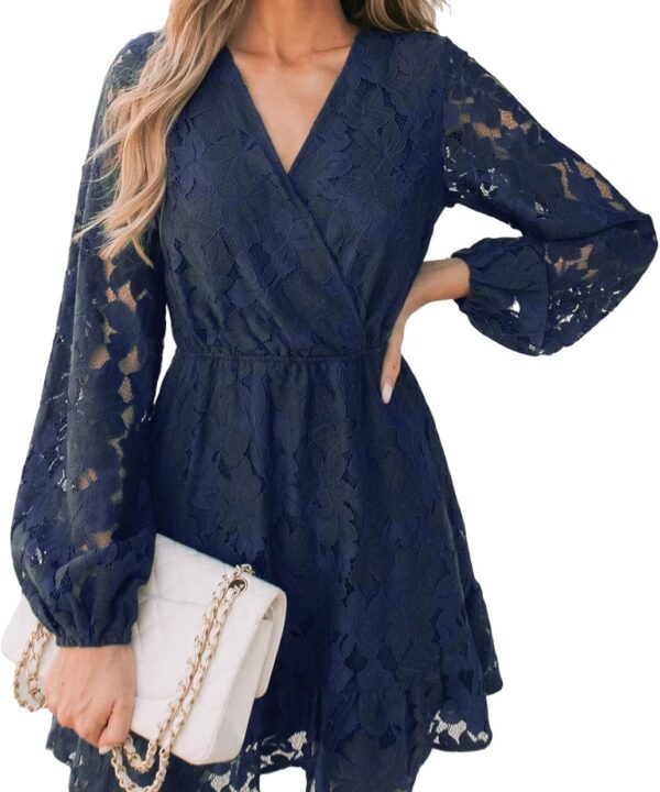 CUPSHE Women Elegant V Neck Lace Peasant Sleeve Mini Summer Dress Elastic High Waist A Line Casual Wedding Guest Dress