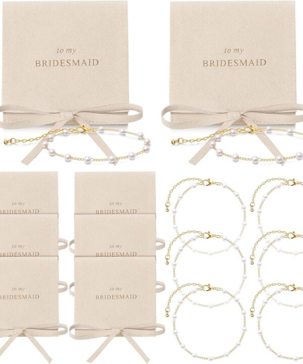 Quelay 16 Pcs Jewelry Bridesmaid Gift Pearl Bracelet Microfiber Jewelry Bag Pouch Set of 8 for Wedding Bridal Party Favor