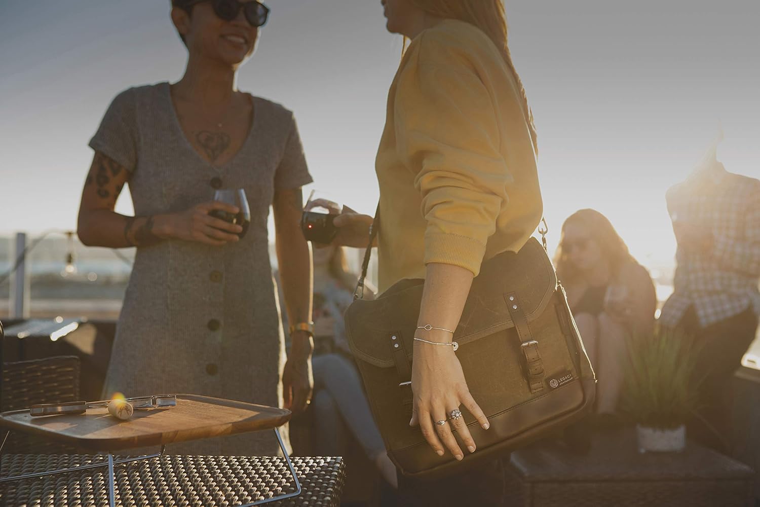 LEGACY – a Picnic Time Brand Adventure Wine Tote Bag with Wine Glasses and Mini Table, Khaki Green/Brown