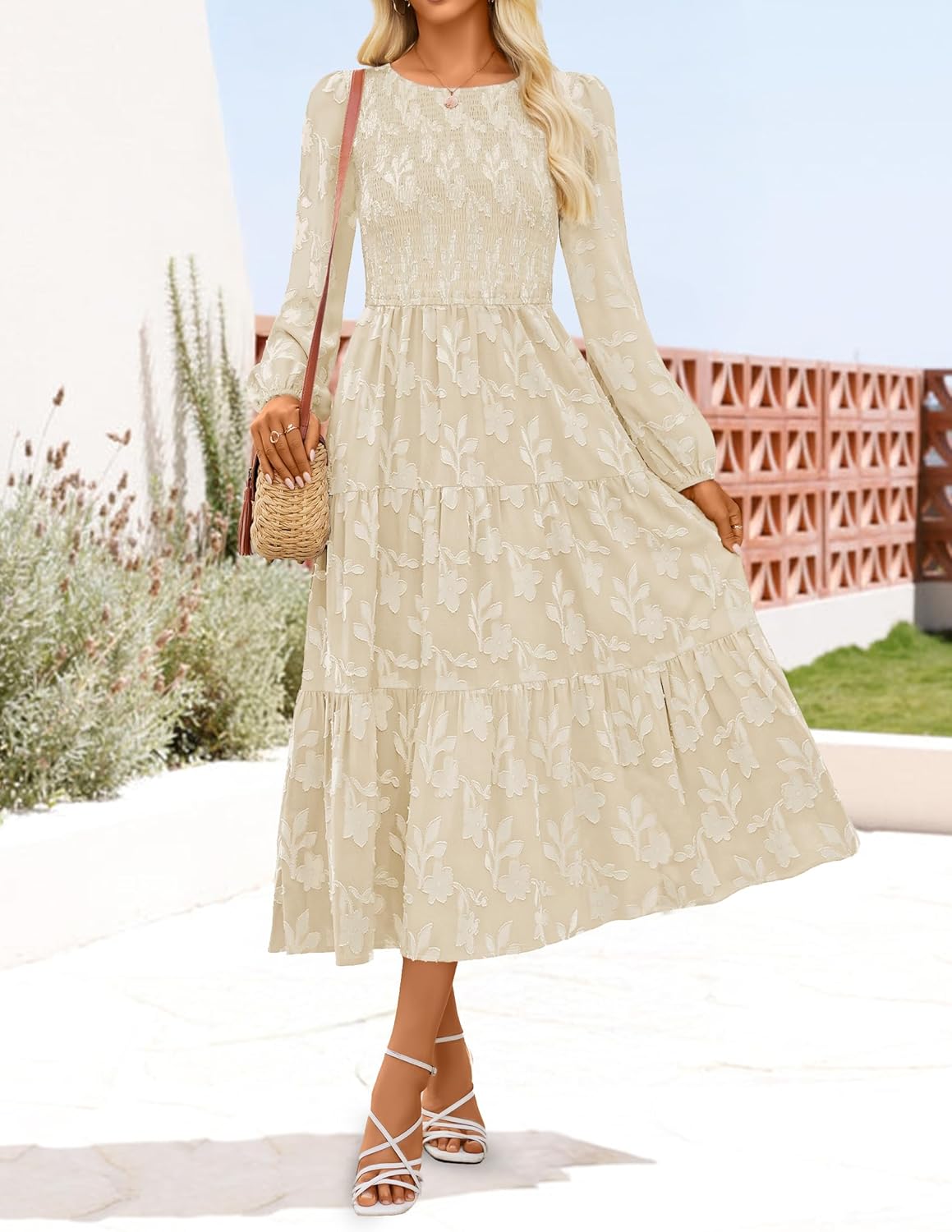 ZESICA Women’s Fall Boho Floral Midi Dress 2025 Casual Long Sleeve Crewneck Flowy Wedding Guest Long Dresses