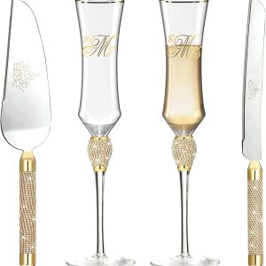Wedding Cake Knife and Server Set, Bridal Shower Gifts for Bride Mr and Mrs Champagne Flutes Glass and Cake Cutting Set for Wedding Engagement Gifts (Gold)