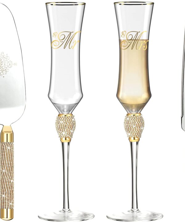 Wedding Cake Knife and Server Set, Bridal Shower Gifts for Bride Mr and Mrs Champagne Flutes Glass and Cake Cutting Set for Wedding Engagement Gifts (Gold)