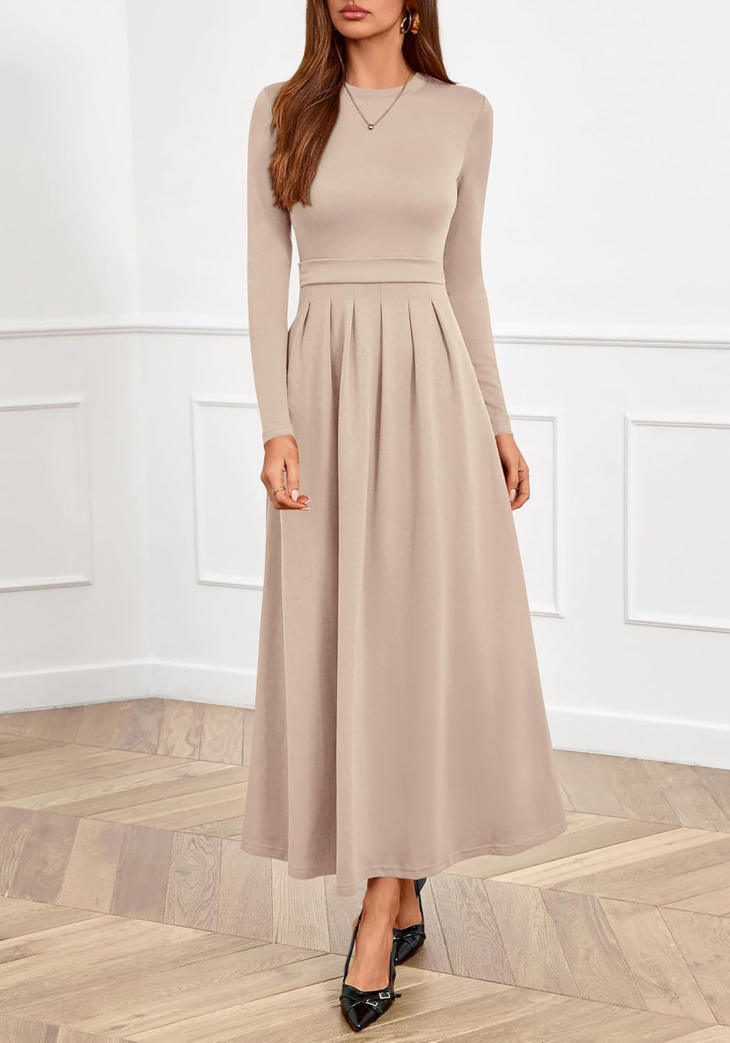 BTFBM Long Sleeve Dress for Women 2025 Winter Business Casual Clothes Pleated Fall Wedding Guest Dresses Pockets