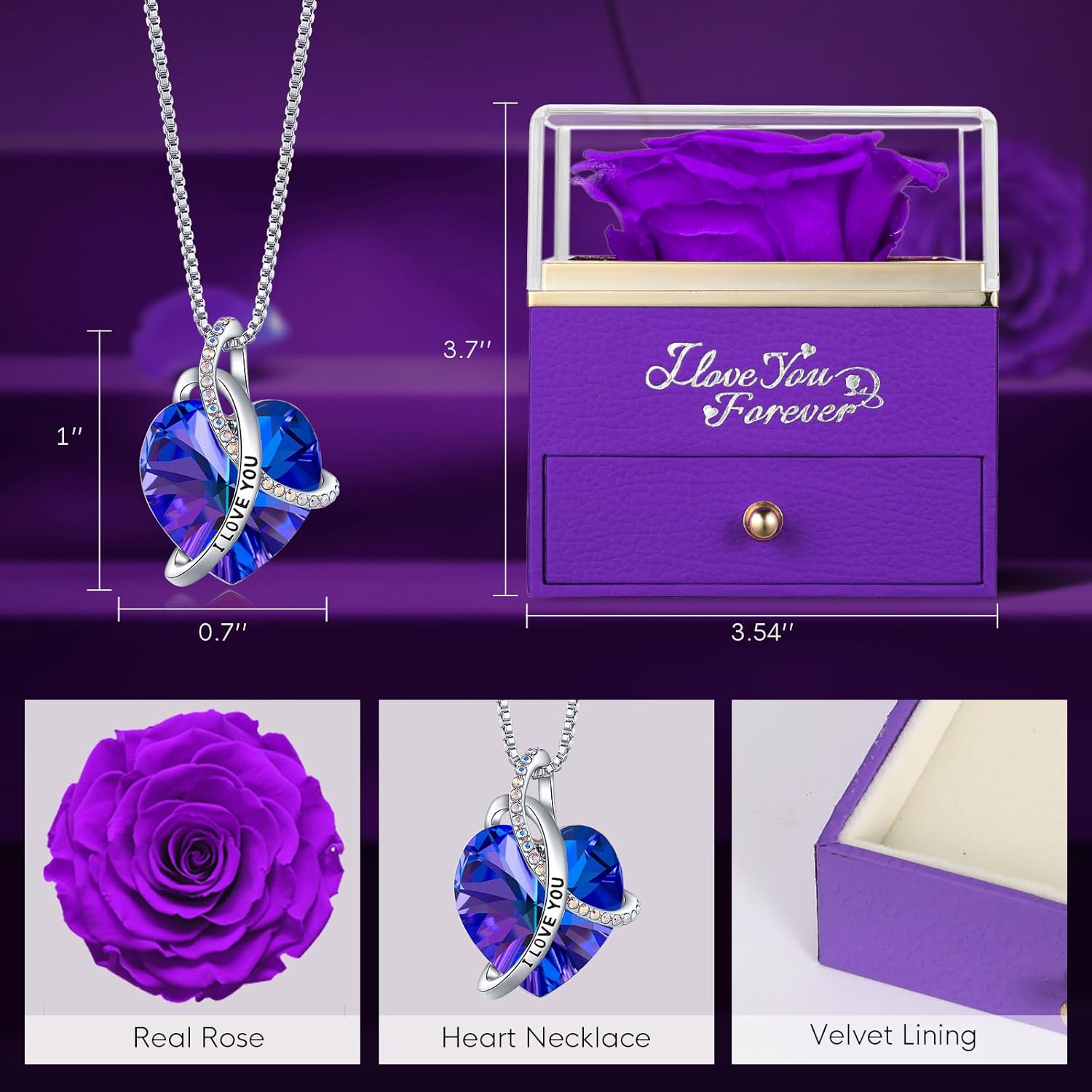 EleShow Preserved Real Purple Rose with Heart Necklace, Eternal Flowers Gifts for Mom Grandma Wife Girlfriend on Christmas, Valentines, Mothers Day, Anniversary, Birthday, I Love You Gifts for Her