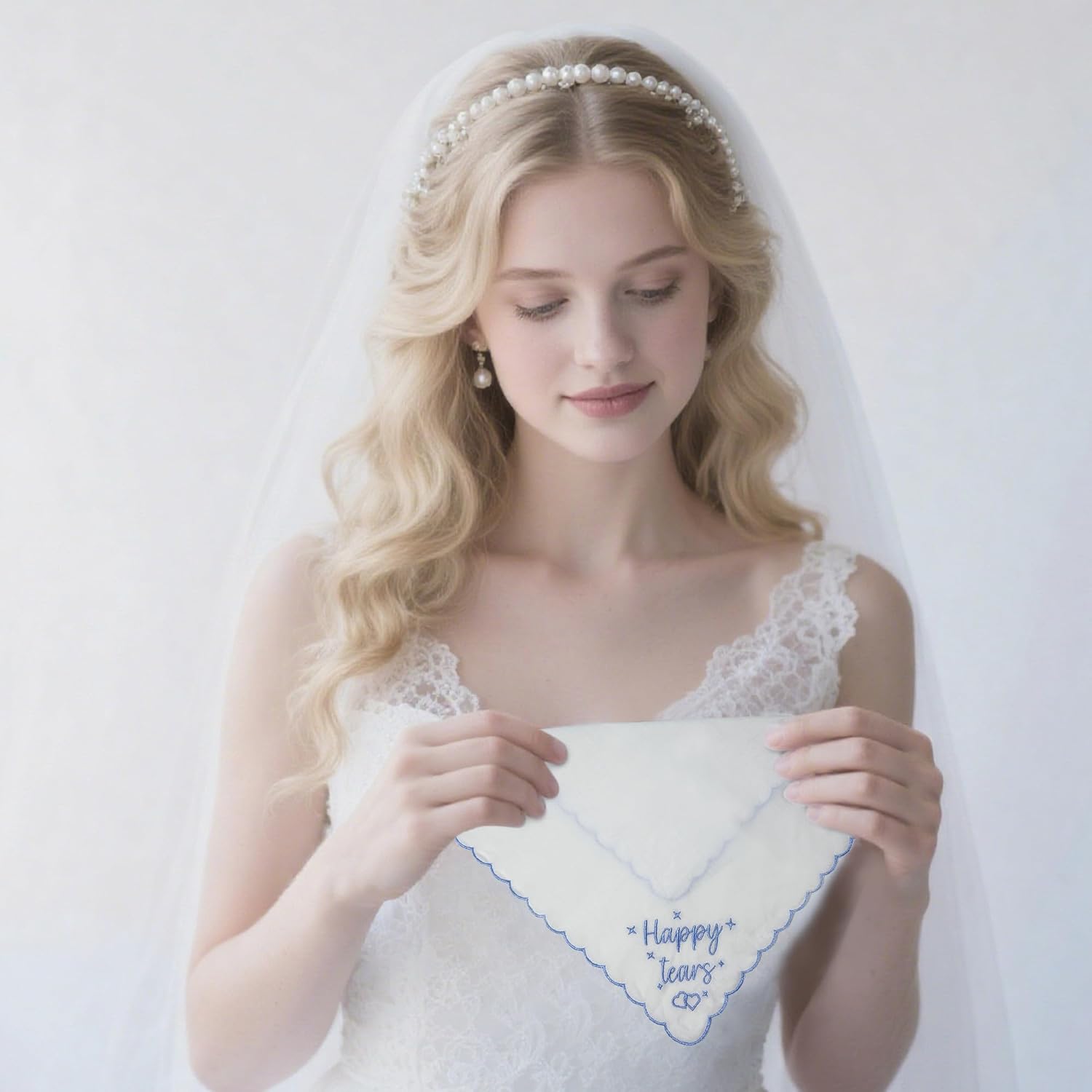 Lamyba Bride Gifts – Something Blue Gift for Bride, Wedding Handkerchief for bride Embroidered Happy Tears Keepsake Handkerchief, Bridal Shower Accessory (Blue/White)