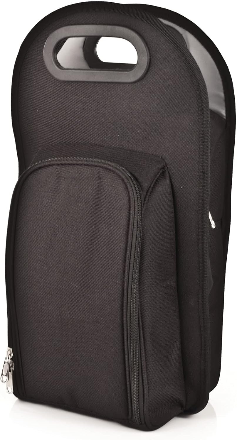 True Metro Insulated Wine Tote with Pockets, Wine Bottle Carrier and Picnic accessory set, wine glasses set of 2, Napkins, Corkscrew, and Bottle stopper, Black, Set of 1