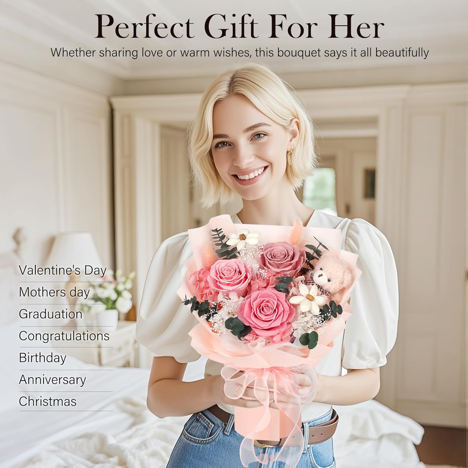 Preserved Flowers Bouquet with Bear, 3 Real Forever Flowers for Delivery, Long-Lasting Pink Eteranl Roses Bouquet Birthday Gifts for Women, Mother, Wife, Her