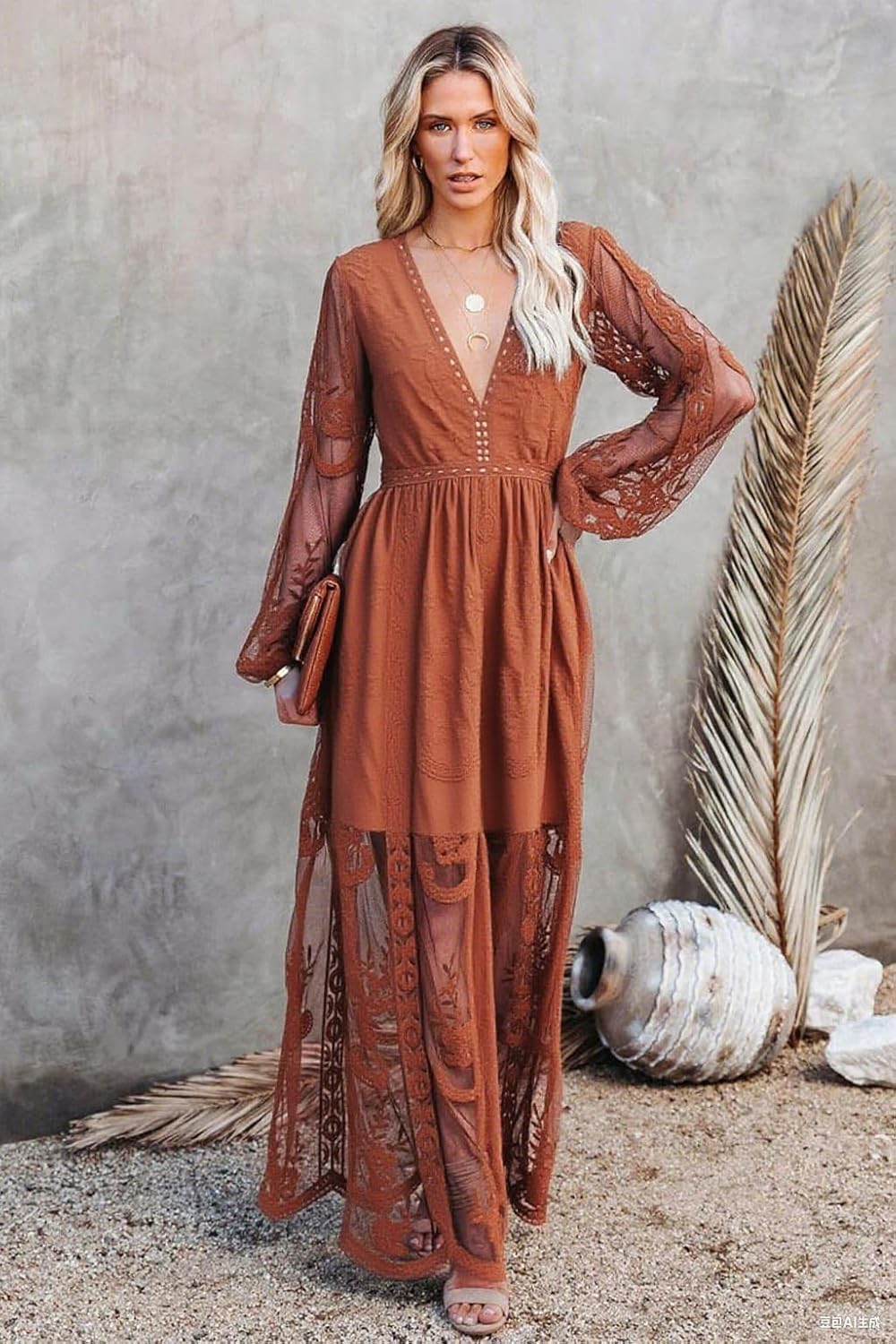 LRISES Womens V Neck Floral Embroidered Lace Wedding Maxi Dress Boho Short Sleeve Slit Bridesmaid Evening Party Dresses