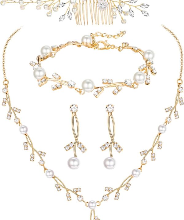 YADOCA Pearl Prom Jewelry Set For Women Pearl Rhinestone Drop Necklace Earring Bracelet Hair Pins Prom Bride Bridesmaid Wedding Bridal Jewelry Accessories Silver Gold Rose Gold