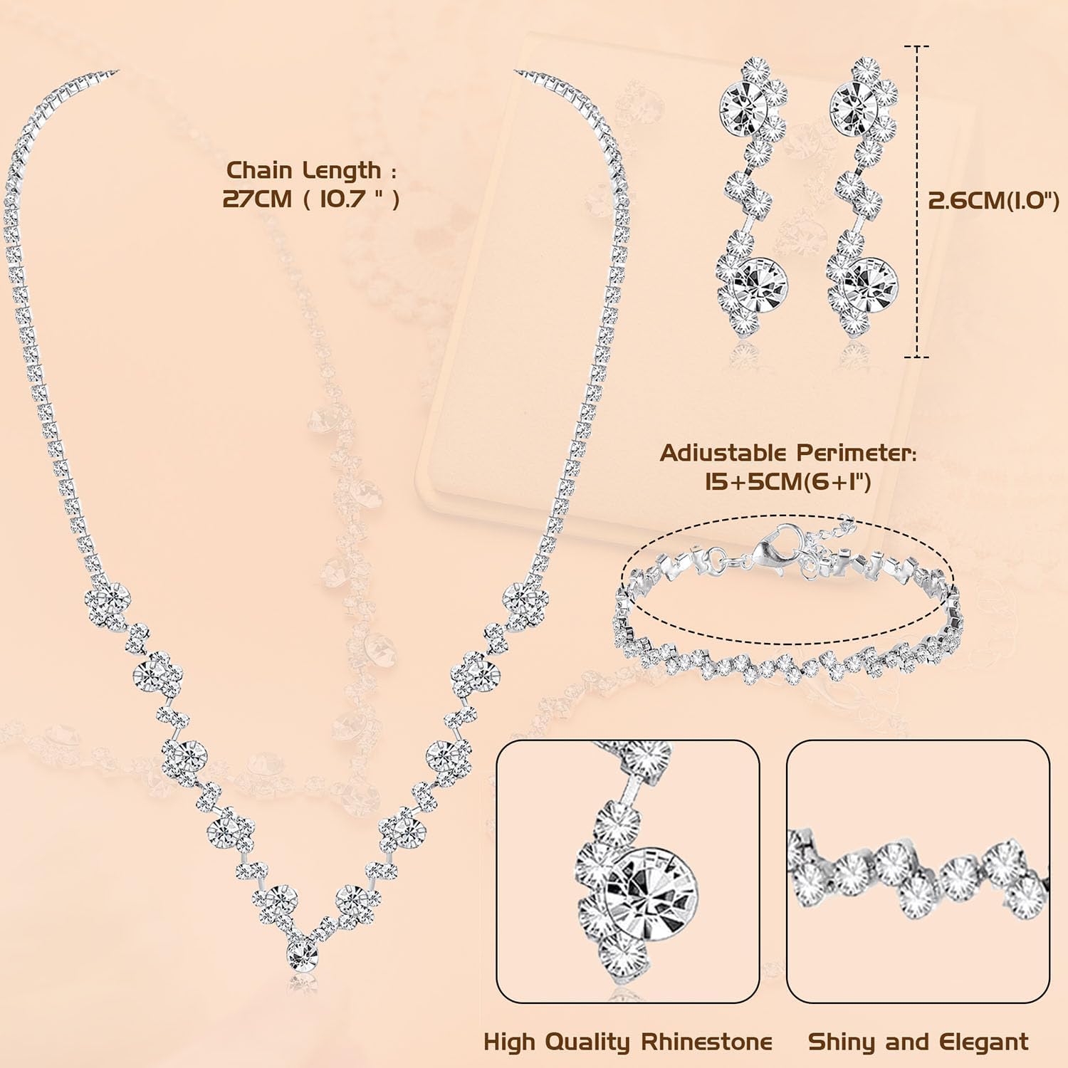 Jstyle Silver Bridal Wedding Jewelry Set Crystal Necklace Bracelet Dangle Earrings Set for Bride Bridesmaid Rhinestone Necklace Prom Costume Jewelry Set Accessories for Women