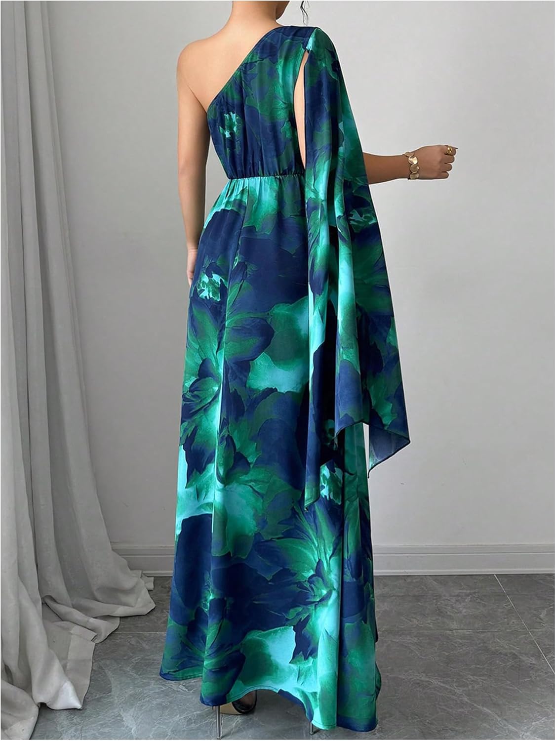 GORGLITTER Womens One Shoulder Evening Formal A Line Maxi Dress Floral Cocktail Long Bridesmaid Dress with Cape