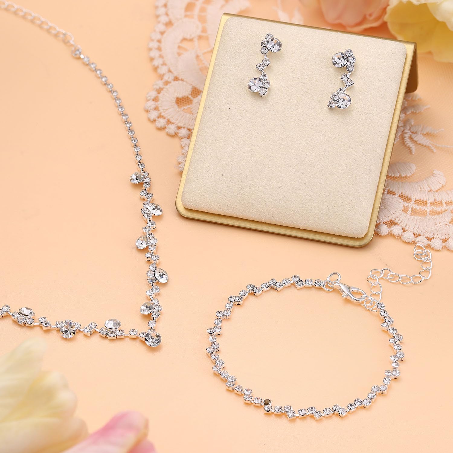 Jstyle Silver Bridal Wedding Jewelry Set Crystal Necklace Bracelet Dangle Earrings Set for Bride Bridesmaid Rhinestone Necklace Prom Costume Jewelry Set Accessories for Women