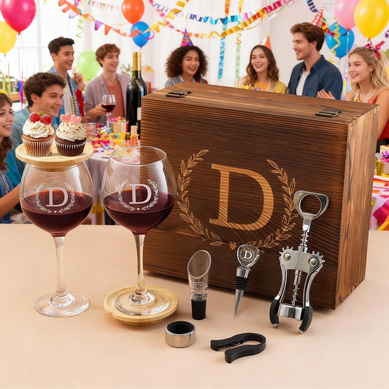 GZLDGIFTS Personalized Initial Wine Glasses Box Gift Set For Women Mom Engraved Birthday Monogrammed Wooden Christmas Gifts Wedding Anniversary Wine Couples Stopper Opener Initial Letterr (G Set)