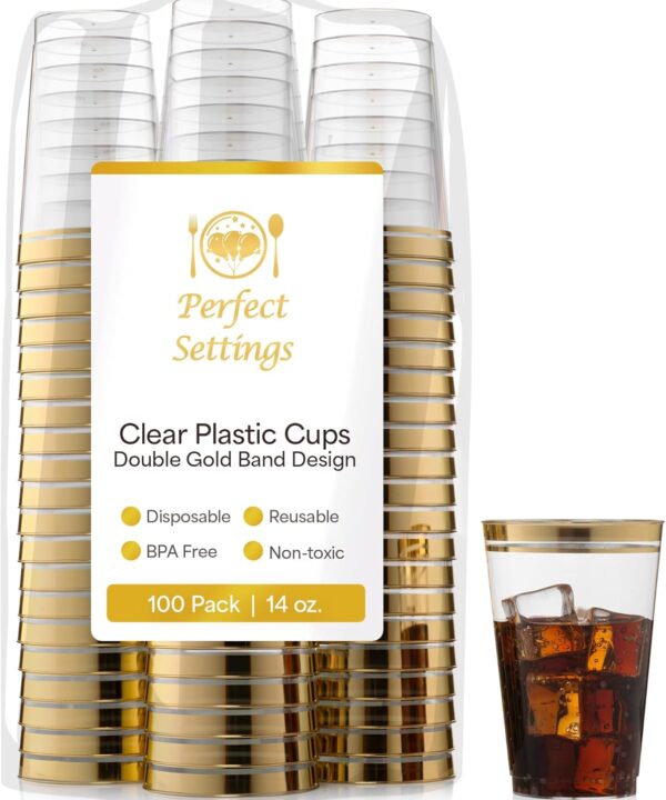 Perfect Settings Premium Double Gold Rimmed Disposable Plastic Cups, Durable Clear Plastic Drinking Glasses for Cold Beverages & Cocktails, BPA-FREE, Disposable Wedding Cups, 14 oz. (Pack of 100)