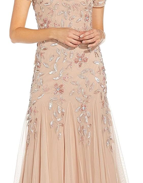 Adrianna Papell Womens Floral Beaded Godet Gown