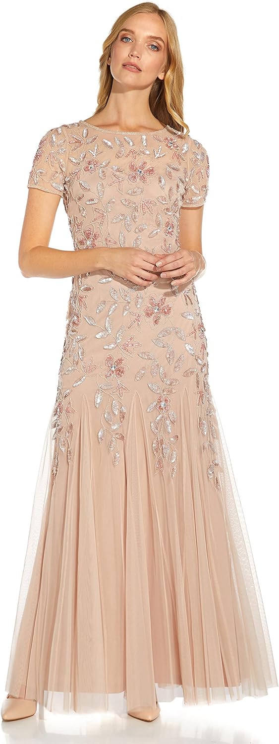 Adrianna Papell Womens Floral Beaded Godet Gown