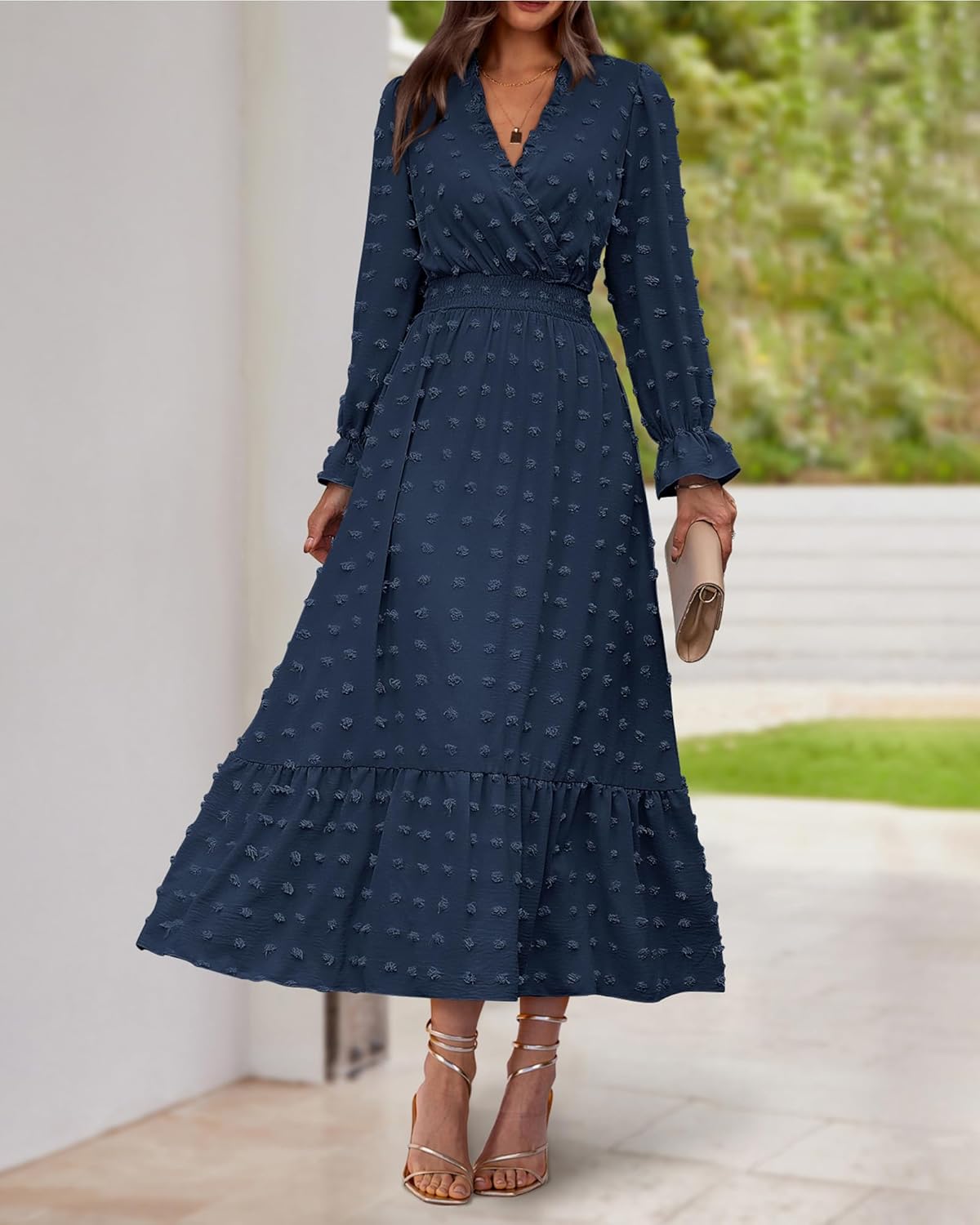 BTFBM Women Fall Maxi Dresses 2025 Long Sleeve V Neck Swiss Dots High Waisted A-Line Ruffle Boho Long Dress Vacation