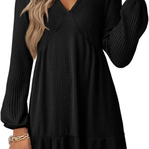 Dokotoo Fall Dresses for Women 2025 Long Sleeve V Neck Lightweight Ribbed Knit Empire Waist Casual A Line Swing Mini Dress