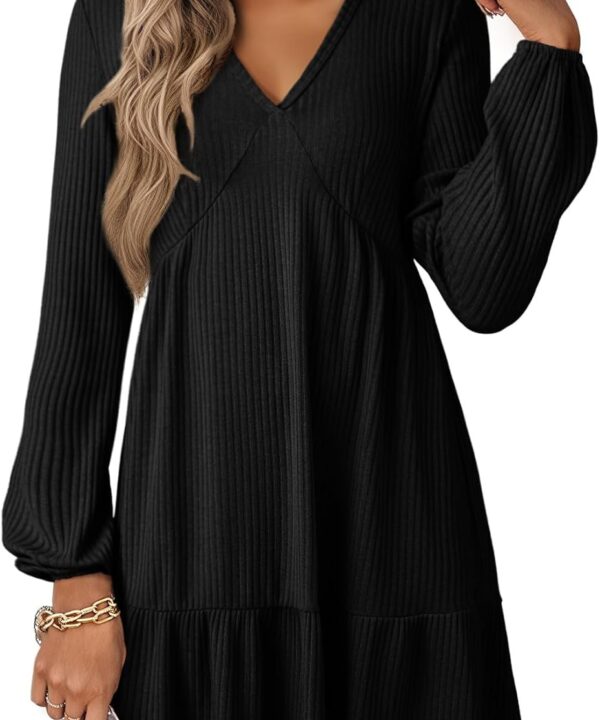 Dokotoo Fall Dresses for Women 2025 Long Sleeve V Neck Lightweight Ribbed Knit Empire Waist Casual A Line Swing Mini Dress