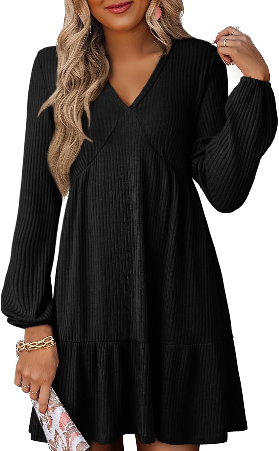 Dokotoo Fall Dresses for Women 2025 Long Sleeve V Neck Lightweight Ribbed Knit Empire Waist Casual A Line Swing Mini Dress