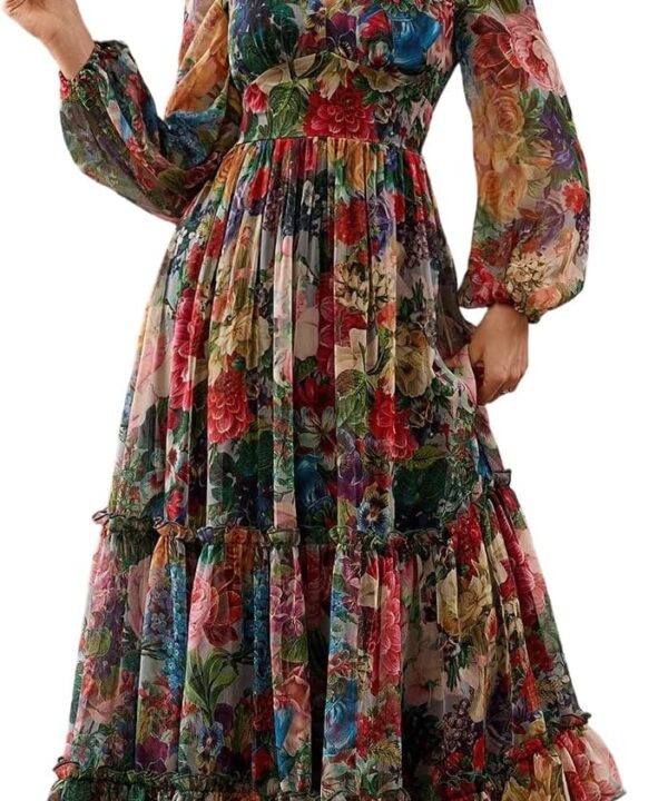 Womens Summer Dresses,Floral Patterns Vintage Elegant Cocktail Long Sleeve Boho Casual Maxi Wedding Guest Dresses for Women