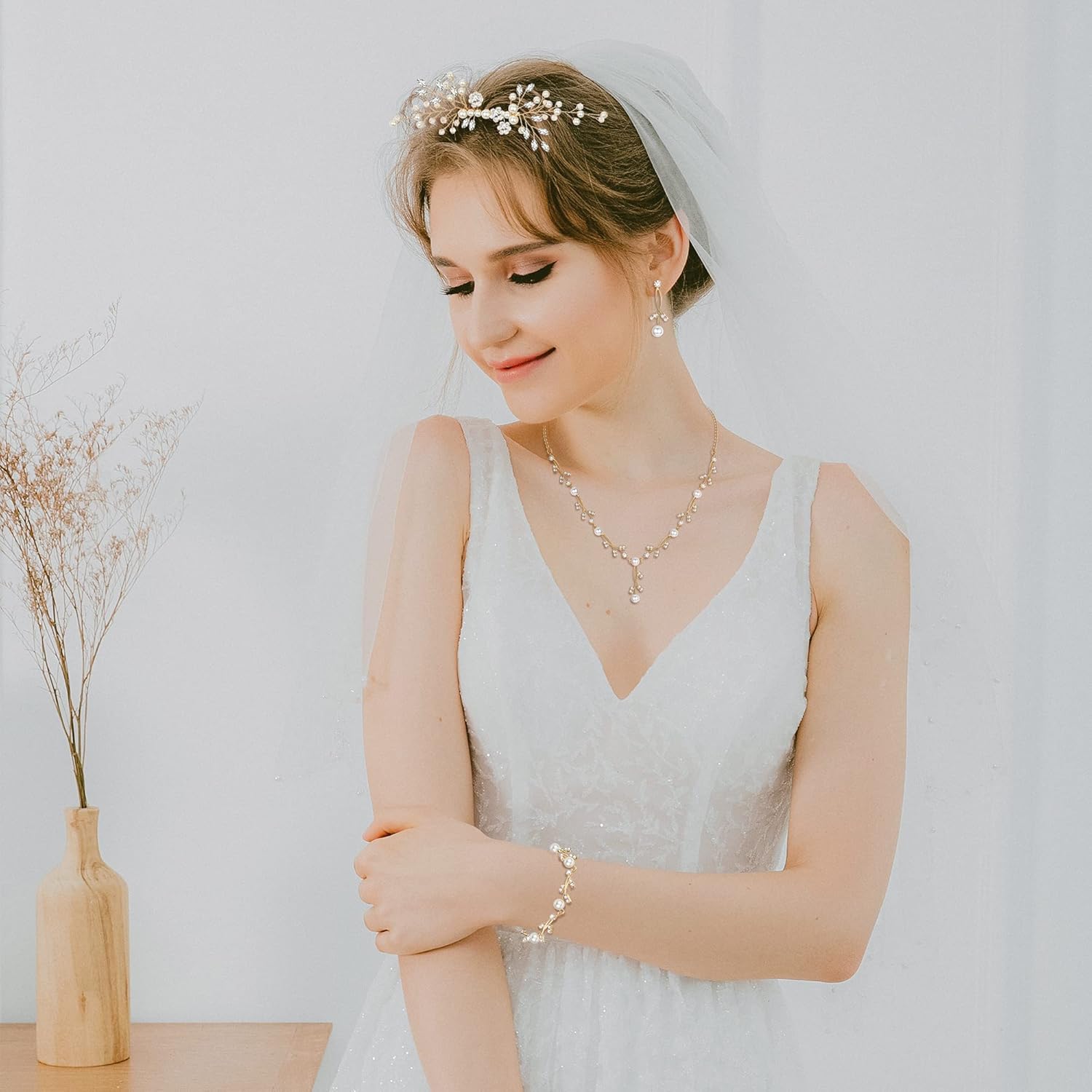 YADOCA Pearl Prom Jewelry Set For Women Pearl Rhinestone Drop Necklace Earring Bracelet Hair Pins Prom Bride Bridesmaid Wedding Bridal Jewelry Accessories Silver Gold Rose Gold