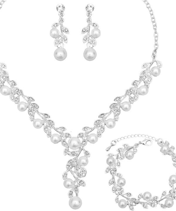 CSY Elegant Bridal Necklace Earrings Bracelets Leaves Shape Wedding Prom Dress Accessories Rhinestones Jewelry Sets for Bride Bridesmaid