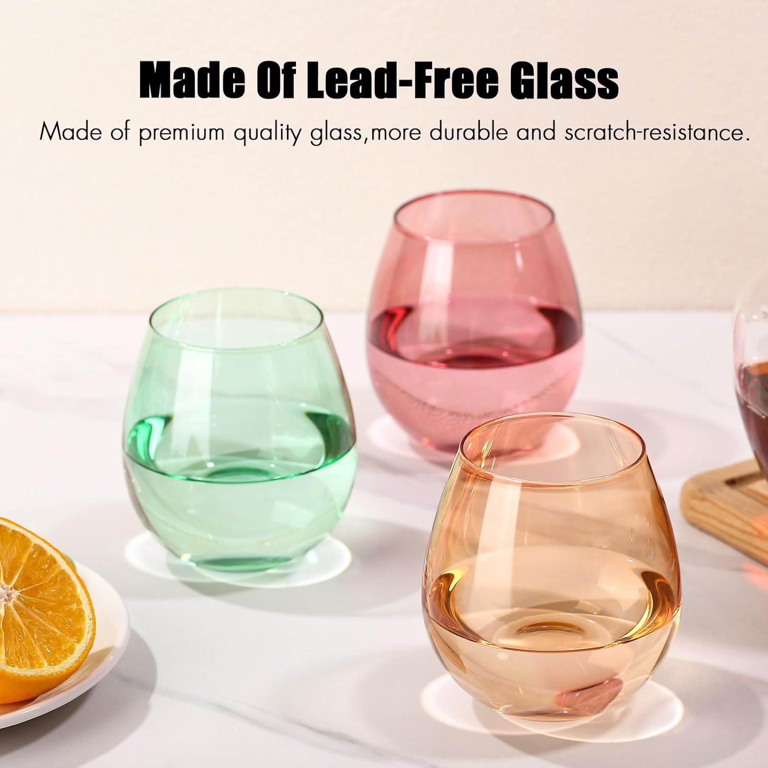 Colored Stemless Wine Glasses Set of 6-15 oz Hand-Blown Crystal Colored Glassware, Multicolor Drinking Glasses, Wedding, Birthday, Christmas, Housewarming Gifts for Women