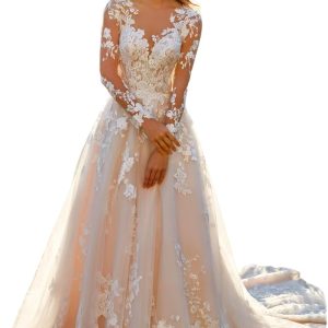 Miao Duo Women's Elegant Lace Beach Wedding Dresses for Bride 2025 with Sleeves Wedding Bridal Gowns YZTS014