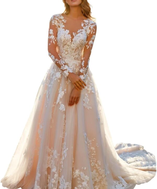 Miao Duo Women's Elegant Lace Beach Wedding Dresses for Bride 2025 with Sleeves Wedding Bridal Gowns YZTS014