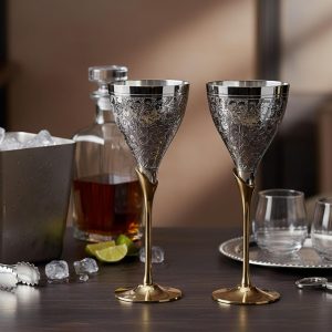 StonKraft eSplanade Engraved Brass Goblet Champagne Glasses Flutes Coupes Wine Glass Set (Thick) - Silver Polished