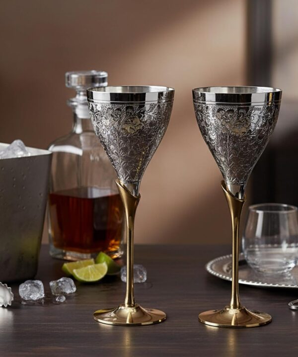 StonKraft eSplanade Engraved Brass Goblet Champagne Glasses Flutes Coupes Wine Glass Set (Thick) - Silver Polished