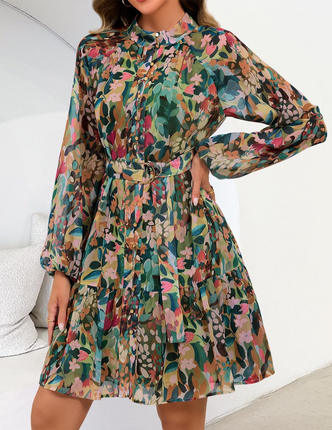 ZESICA Womens Fall Floral Mini Dress 2025 Long Sleeve Button Down Chiffon A Line Flowy Short Shirt Dresses with Belt