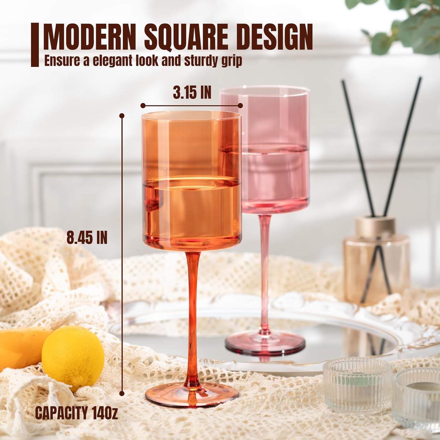 Chouggo Colored Square Wine Glasses Set of 6, Hand Blown Long Stem Premium Crystal White Red Wine Glass, Great Gifts for Wife & Mom, Wedding, Anniversary, Christmas, Birthday