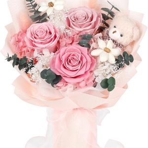 Preserved Flowers Bouquet with Bear, 3 Real Forever Flowers for Delivery, Long-Lasting Pink Eteranl Roses Bouquet Birthday Gifts for Women, Mother, Wife, Her