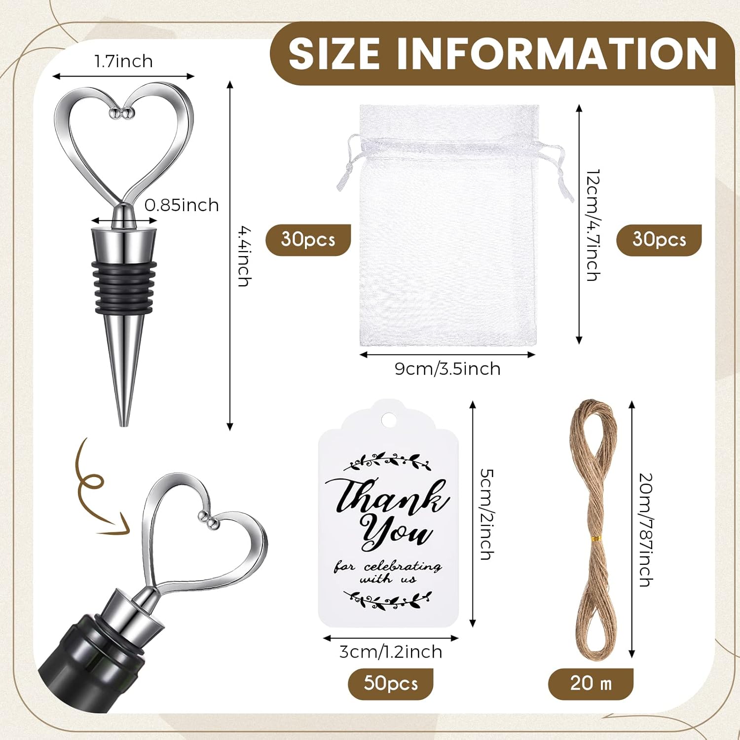 30 Pcs Heart Shape Wine Stoppers Love Wine Bottle Stopper Silver Champagne Beer Bottle Stopper 50 White Kraft Labels 30 Sheer Bags with String for Wedding Gift Valentine Decorations