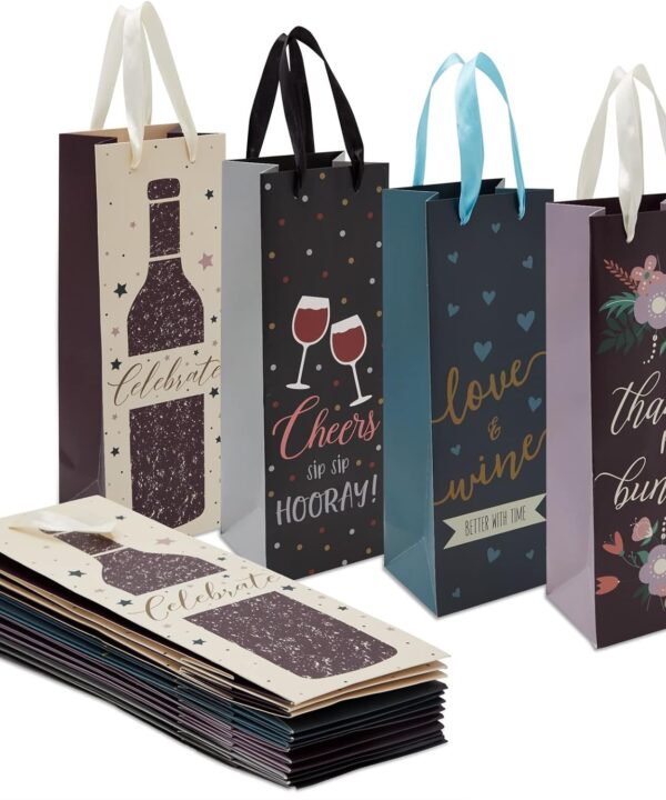 Juvale Wine Gift Bags - 12 Pack, 13.7 x 4.6 x 4 In, Multicolor Satin Ribbon Handles - Gift Bags for Bottles of Wine
