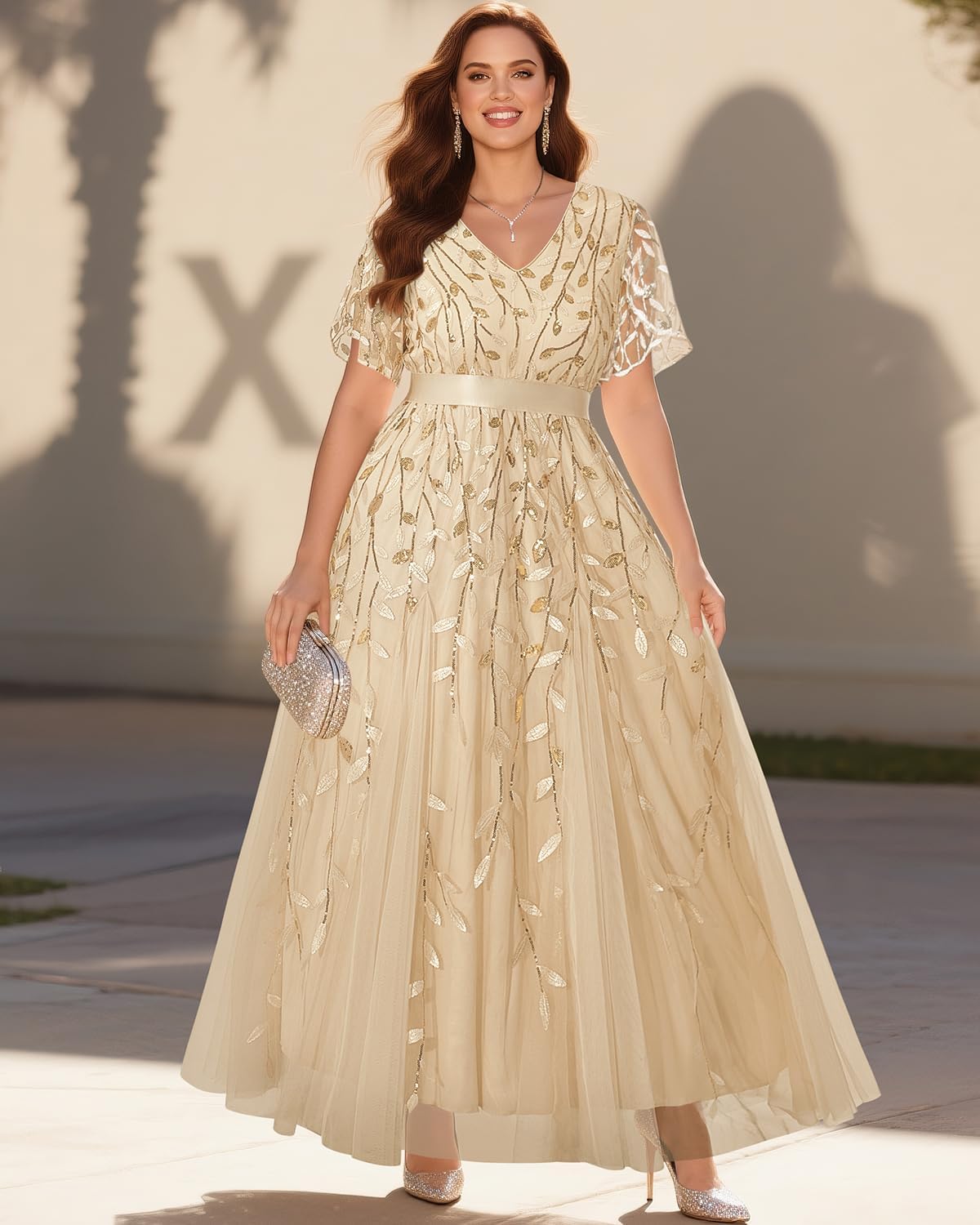 Pinup Fashion Plus Size Formal Dresses – Evening Gowns Wedding Sequin Embroidery V-Neck Prom Long Dress