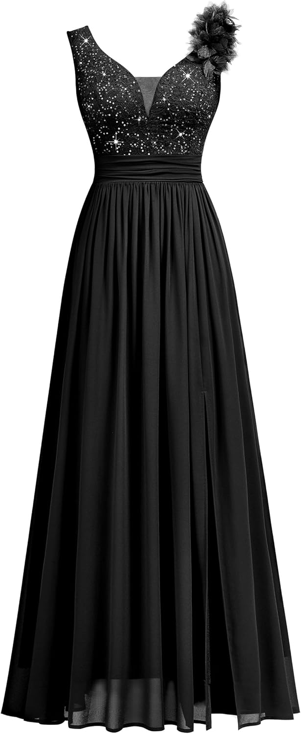 Miusol Womens Vintage V-Neck Sleeveless Sequined Split Formal Evening Maxi Dress