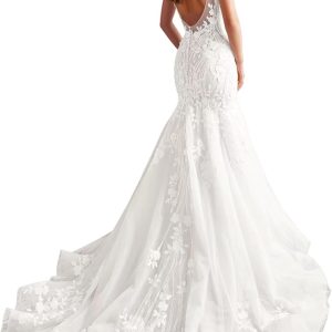 Zeeyecie Mermaid Tulle Wedding Dresses Lace Applique Corset V-Neck Sparkly Bridal Gowns with Train for Brides