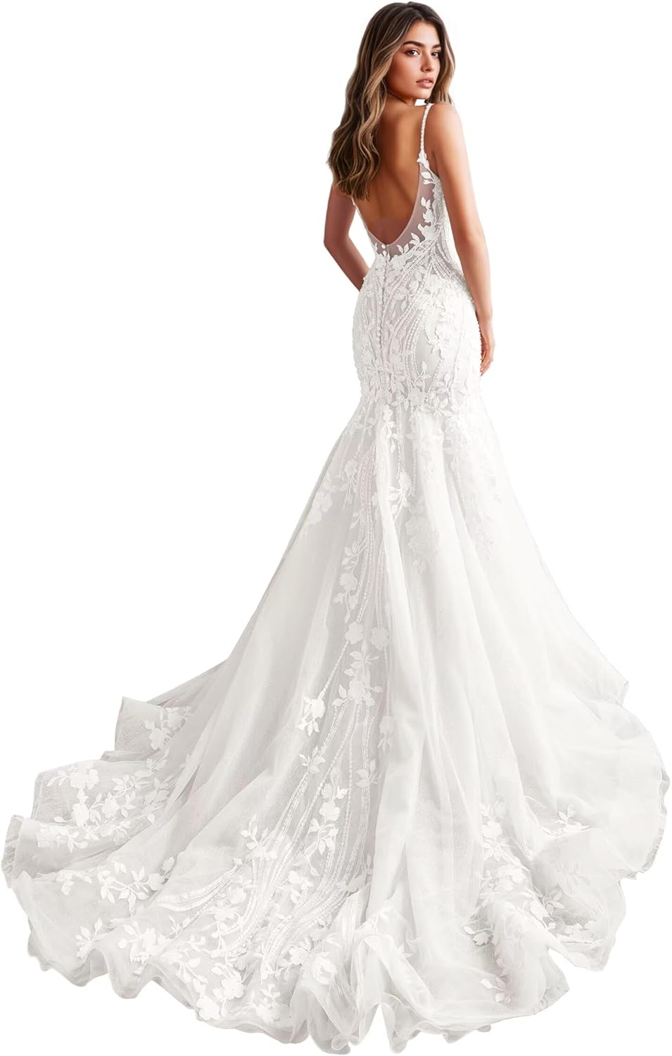 Zeeyecie Mermaid Tulle Wedding Dresses Lace Applique Corset V-Neck Sparkly Bridal Gowns with Train for Brides