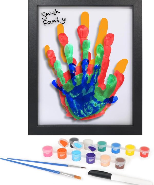 Americanflat Family Handprint Kit with Polished Plexiglass - 8x10 Frame with Five Panels for DIY Prints - Includes Washable Paint, Brushes and Marker - Keepsake Frame for Wall Display - Black
